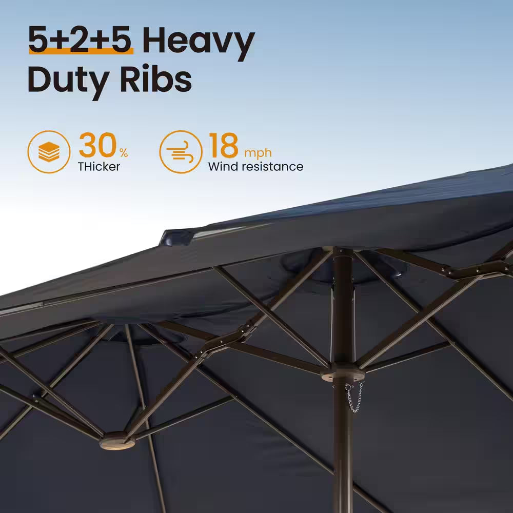 MISO Double Top 14.5 Ft. Steel Cantilever Outdoor Patio Umbrella with Base and Solar LED in Navy Blue