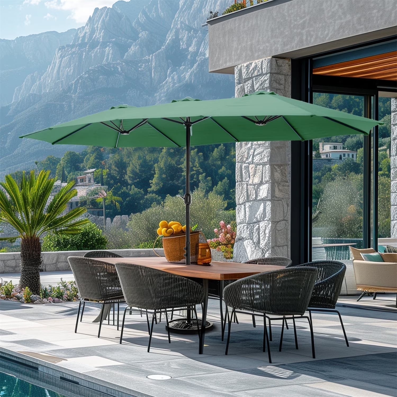 15 Ft Large Patio Umbrella with Base (Included) Double-Sided Rectangular Outdoor Deck Umbrella for outside - Mint Green
