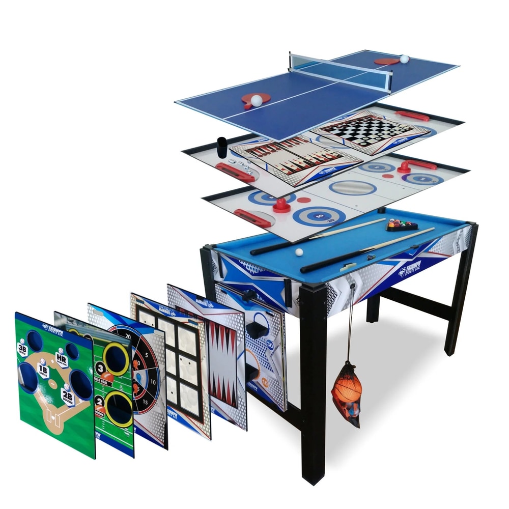 13-In-1 Combo Game Table Includes Basketball, Table Tennis, Billiards, Push Hockey, Launch Football, Baseball, Tic-Tac-Toe, and Skee Bean Bag Toss