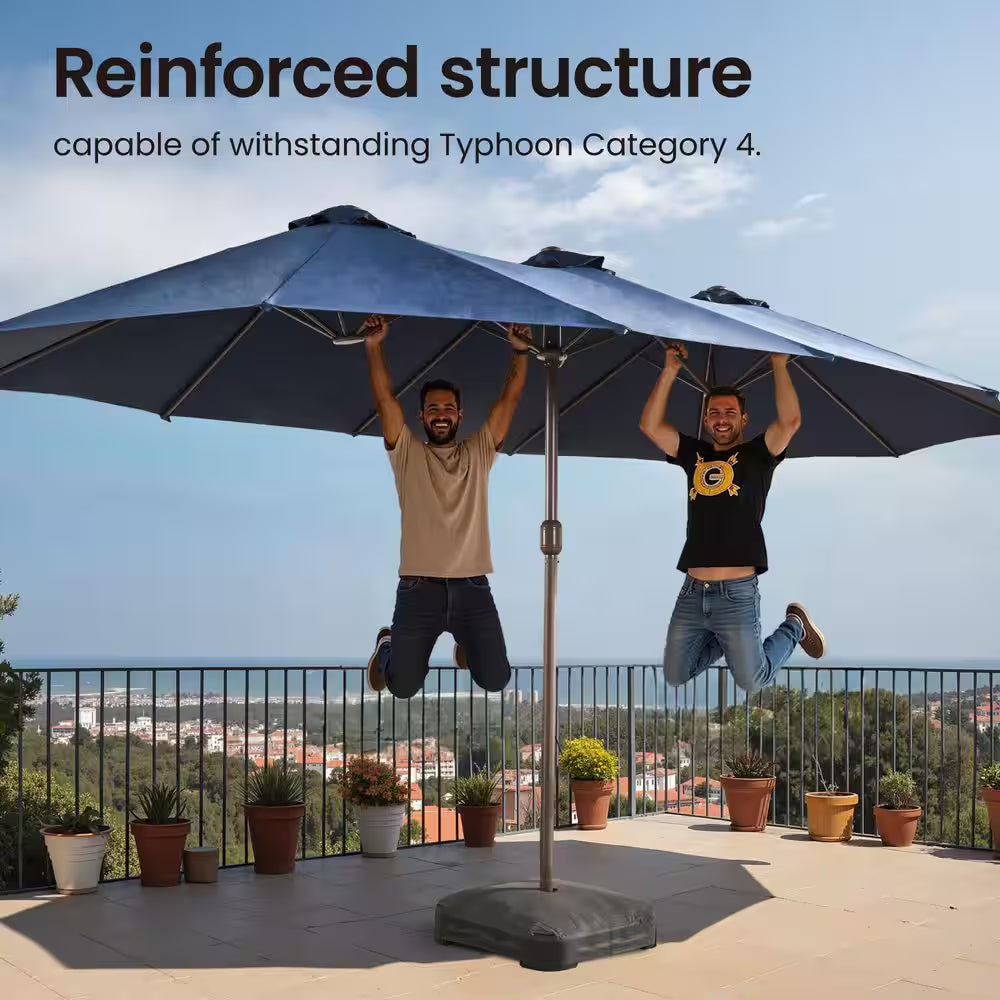 MISO Double Top 14.5 Ft. Steel Cantilever Outdoor Patio Umbrella with Base and Solar LED in Navy Blue