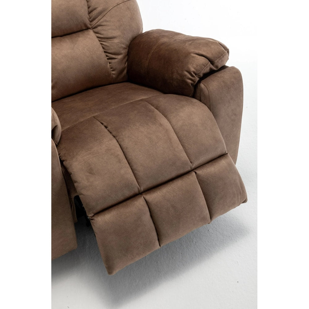 Plush brown reclining chair with padded armrest and extended footrest, close-up view