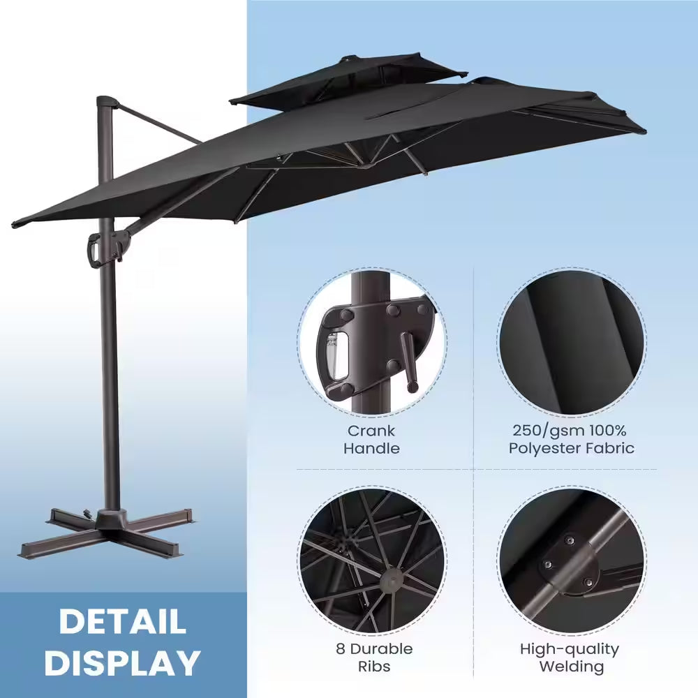 11 Ft. X 9 Ft. Aluminum Patio Cantilever Umbrella in Black Double Top Outdoor Offset Umbrella with 320 Lbs. Wheeled Base