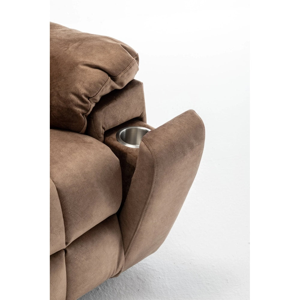 Plush brown recliner chair armrest with built-in stainless steel cup holder