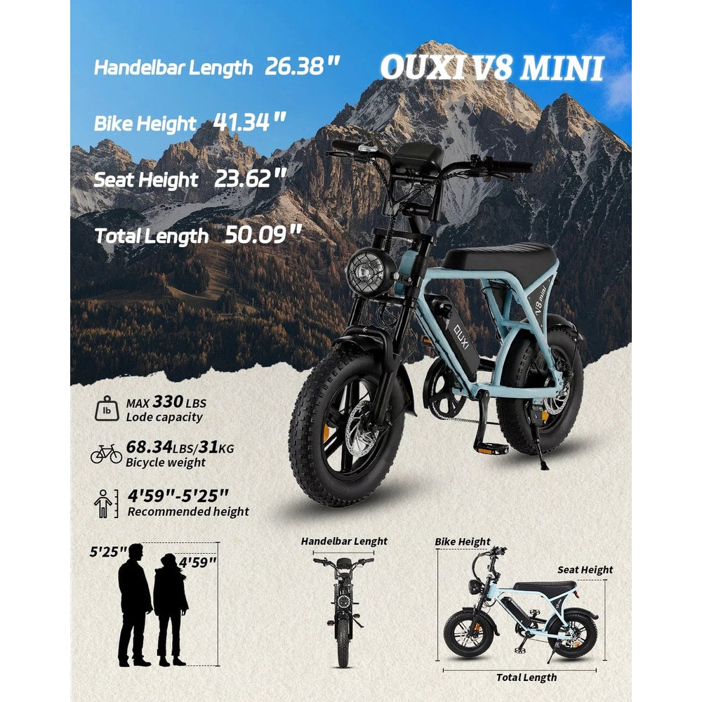 V8 Mini Electric Bike for Adults, 16" Fat Tire Ebike, 500W 20MPH Electric Bicycle, 36V 10.4Ah, E Bike UL2849
