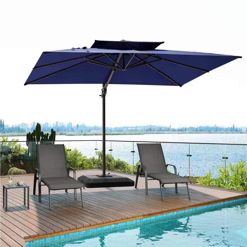 11.5 Ft. X 9 Ft. Aluminum Cantilever Offset 360° Rotation Patio Umbrella in Navy Blue with 350 Lbs. Weighted Base