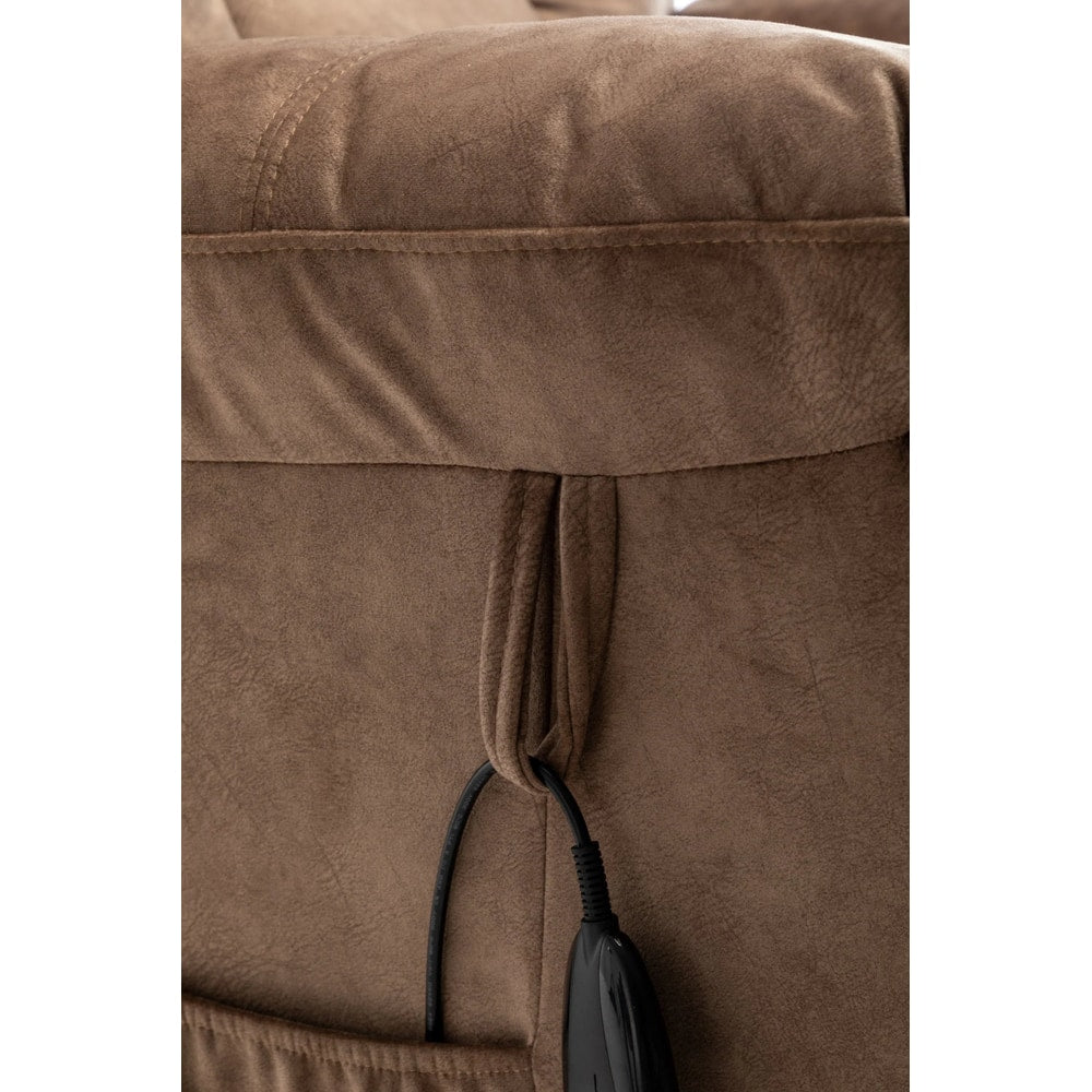 Close-up of brown suede recliner chair with remote control in side pocket