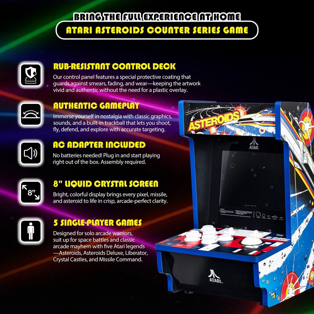Arcade Classics Atari Asteroids Counter Series Game Machine with 8" Screen and 5 Games