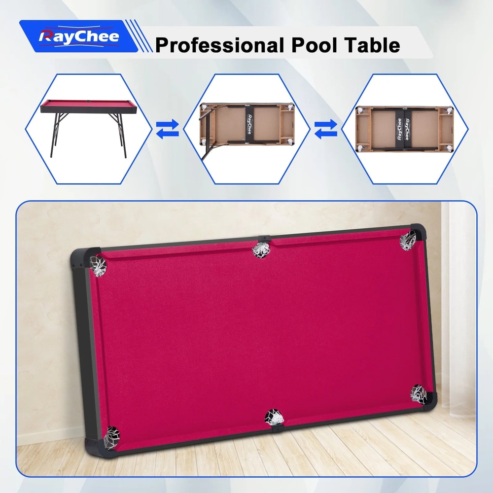 e 48In Pool Billiard Game Table W/2 Cue Sticks, 16 Balls, Triangle, Chalk Foldable Pool Table for Kids Family (Red)