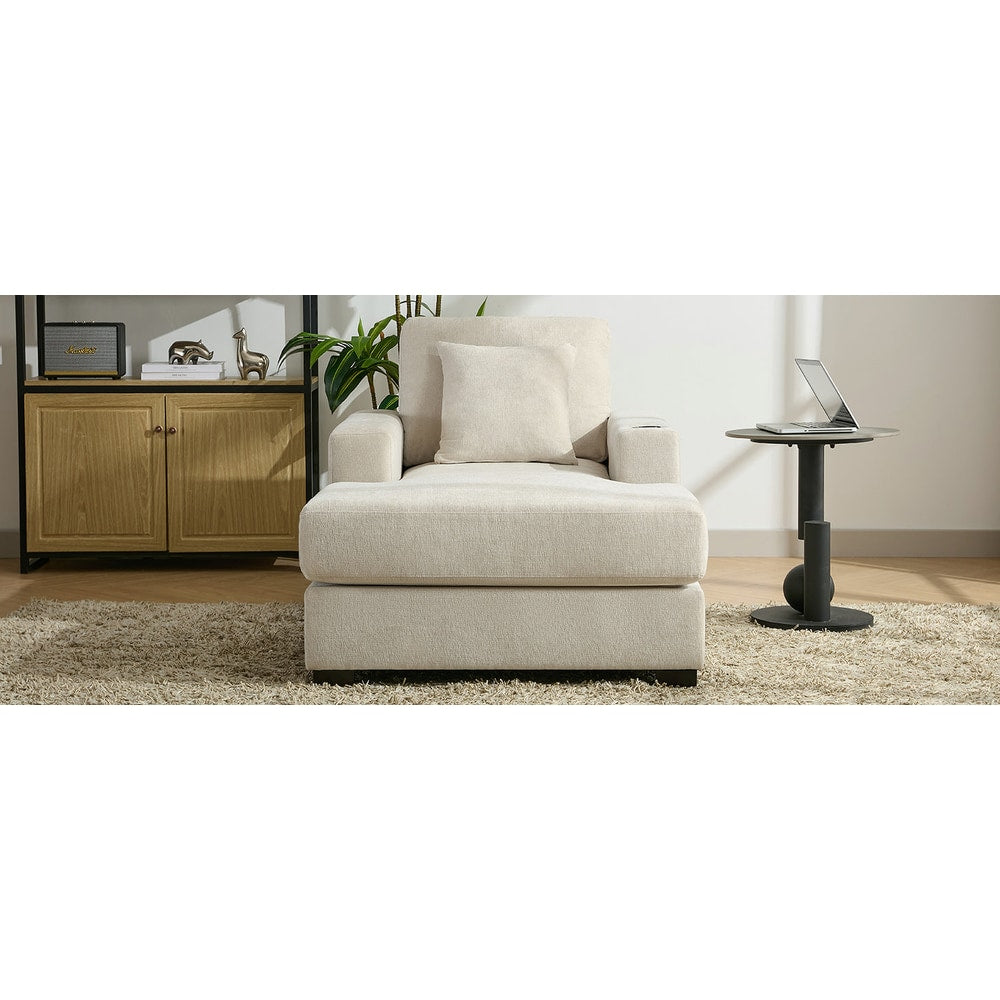 39.7" Oversized Chaise Lounger Modern Style Sofa Couch ,with Pillows, Charge Station & Cup Holders, Chenille Fabric, Cream