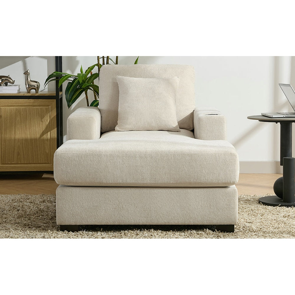 39.7" Oversized Chaise Lounger Modern Style Sofa Couch ,with Pillows, Charge Station & Cup Holders, Chenille Fabric, Cream