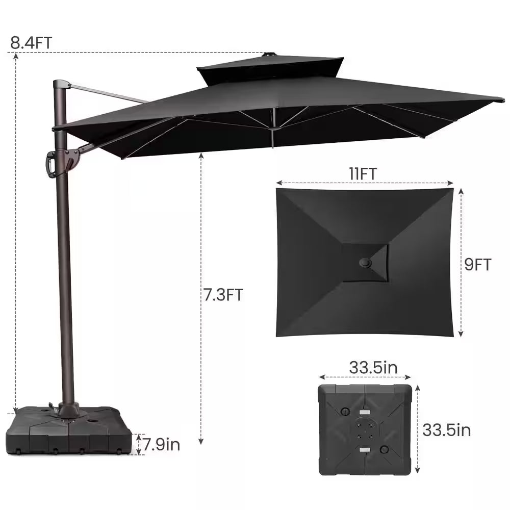 11 Ft. X 9 Ft. Aluminum Patio Cantilever Umbrella in Black Double Top Outdoor Offset Umbrella with 320 Lbs. Wheeled Base