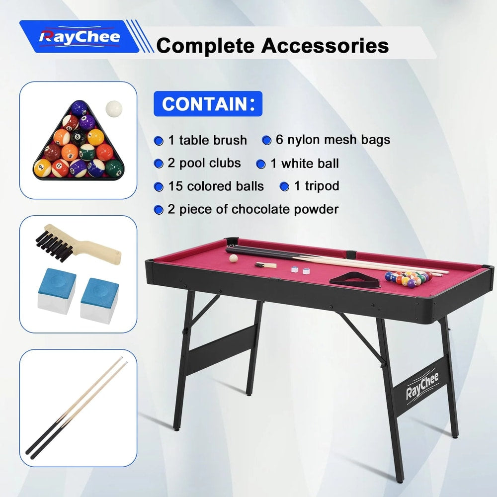 e 48In Pool Billiard Game Table W/2 Cue Sticks, 16 Balls, Triangle, Chalk Foldable Pool Table for Kids Family (Red)
