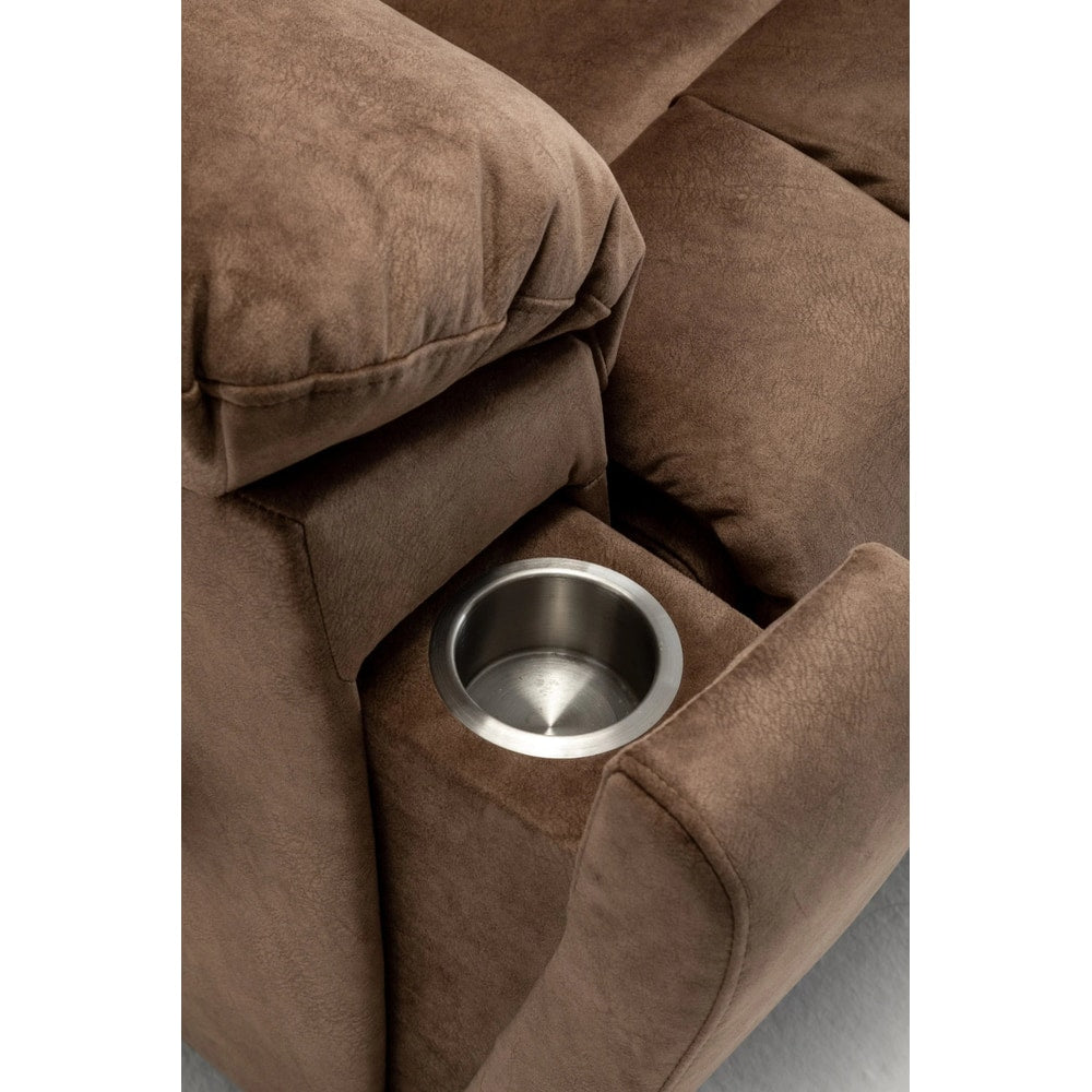 Brown suede recliner armrest with built-in stainless steel cup holder