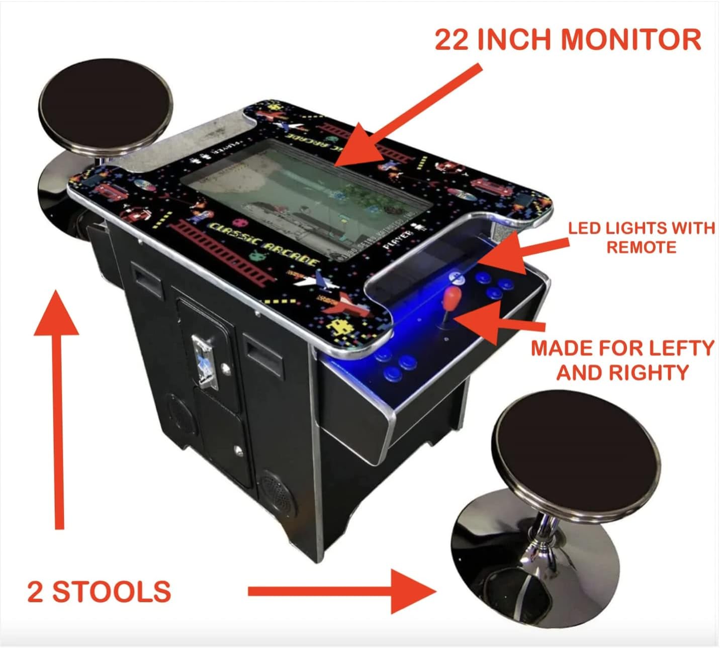Full Size Commercial Grade Cocktail Arcade Machine — 2 Player | 60 Games | 22" LCD | Tempered Glass | 2 Stools