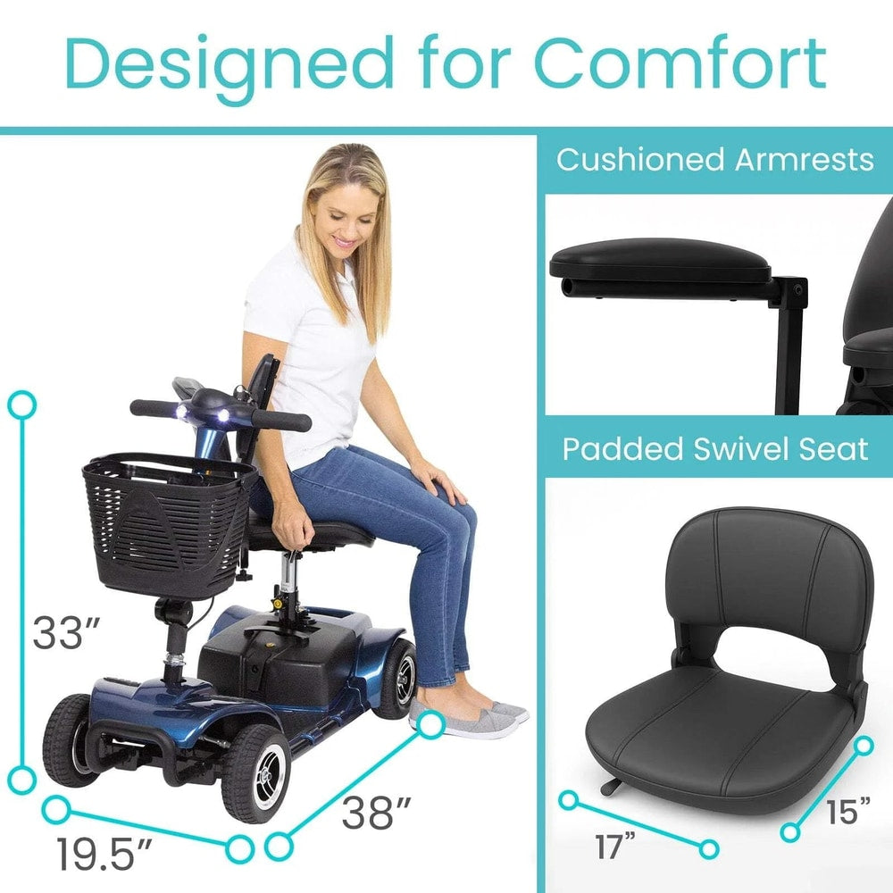 4 Wheel Battery Powered Mobility Scooter - Electric Transport Chair- Compact Heavy Duty Mobile for Travel, Adults, Elderly with Basket and Charger Included, Red