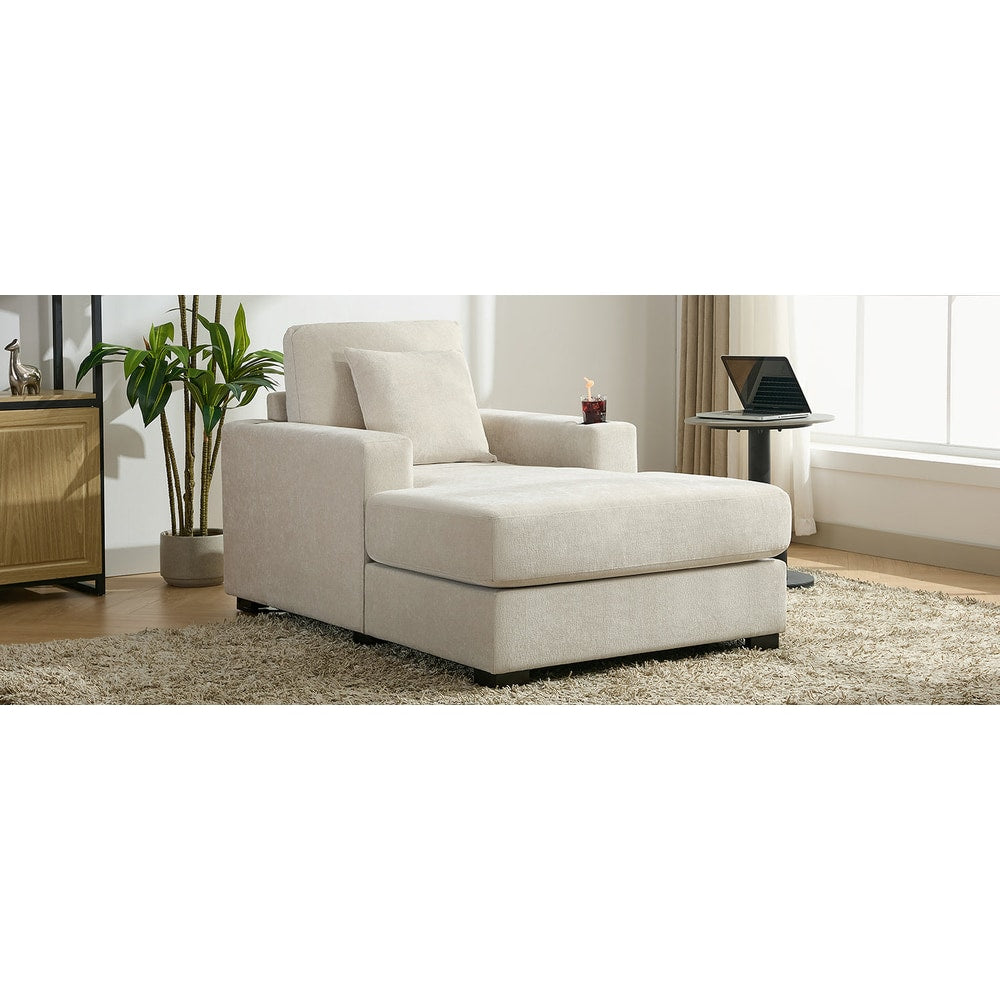 39.7" Oversized Chaise Lounger Modern Style Sofa Couch ,with Pillows, Charge Station & Cup Holders, Chenille Fabric, Cream