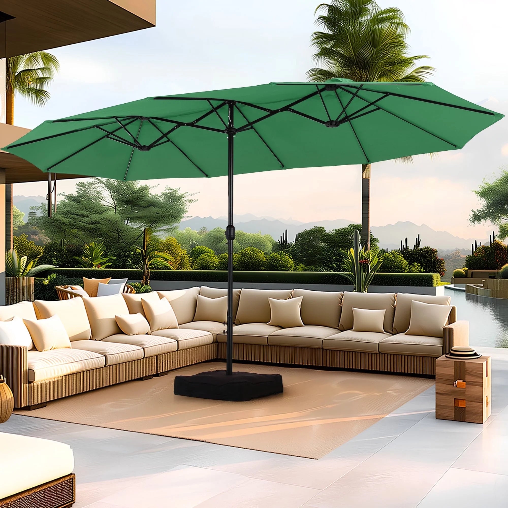 15 Ft Large Patio Umbrella with Base (Included) Double-Sided Rectangular Outdoor Deck Umbrella for outside - Mint Green