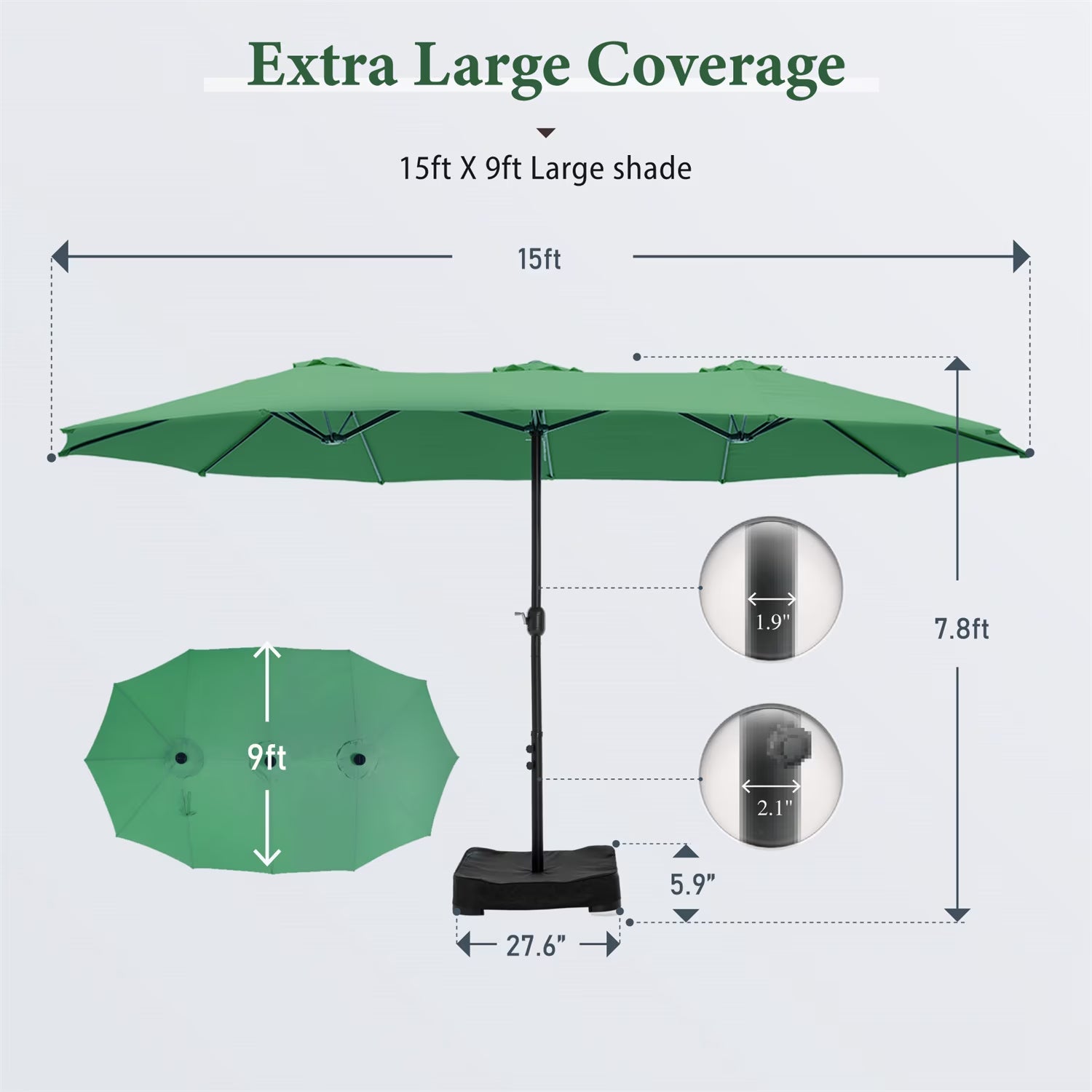 15 Ft Large Patio Umbrella with Base (Included) Double-Sided Rectangular Outdoor Deck Umbrella for outside - Mint Green