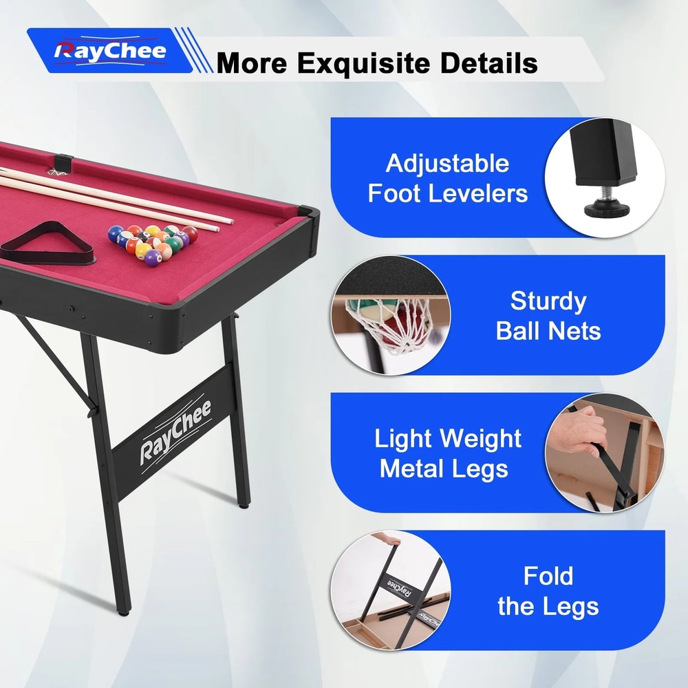 e 48In Pool Billiard Game Table W/2 Cue Sticks, 16 Balls, Triangle, Chalk Foldable Pool Table for Kids Family (Red)