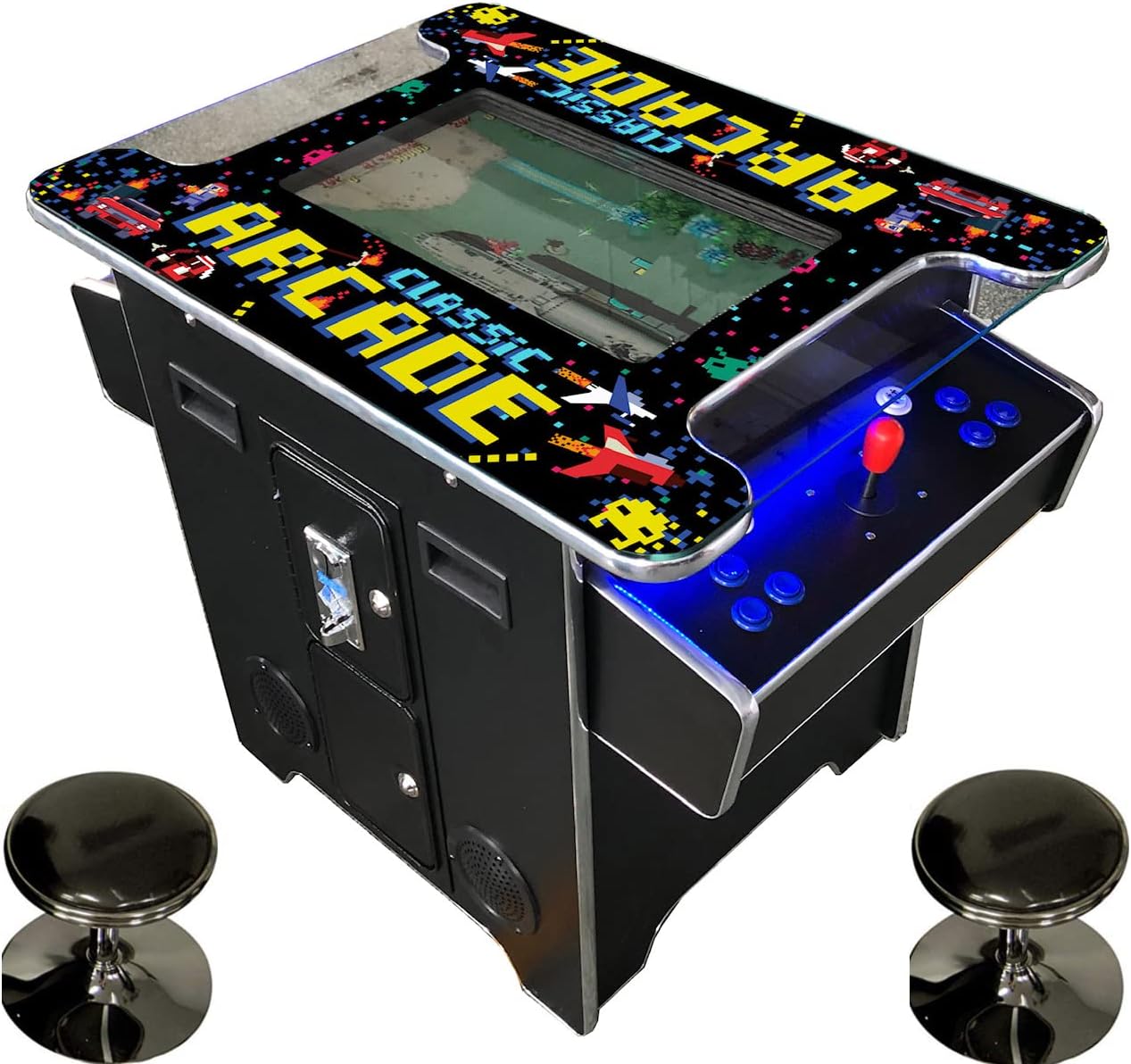 Full Size Commercial Grade Cocktail Arcade Machine — 2 Player | 60 Games | 22" LCD | Tempered Glass | 2 Stools