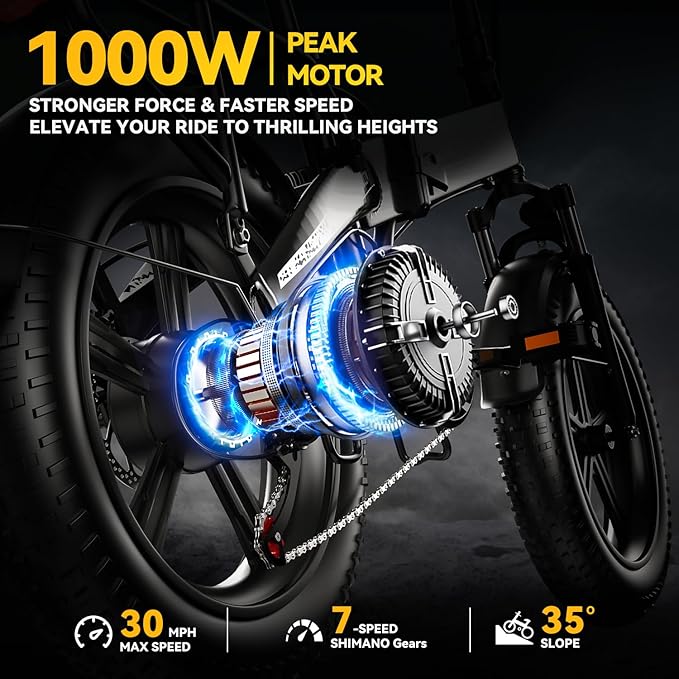 1000W Folding Electric Bike, 48V 20AH Large Removable Battery E Bike