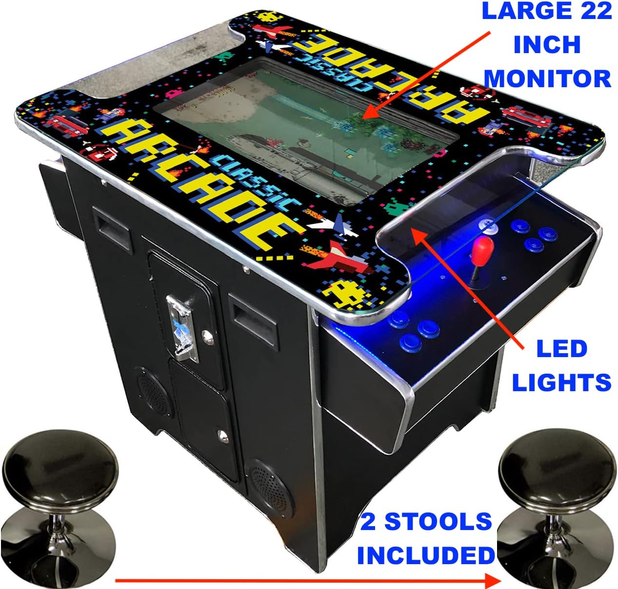 Full Size Commercial Grade Cocktail Arcade Machine — 2 Player | 60 Games | 22" LCD | Tempered Glass | 2 Stools
