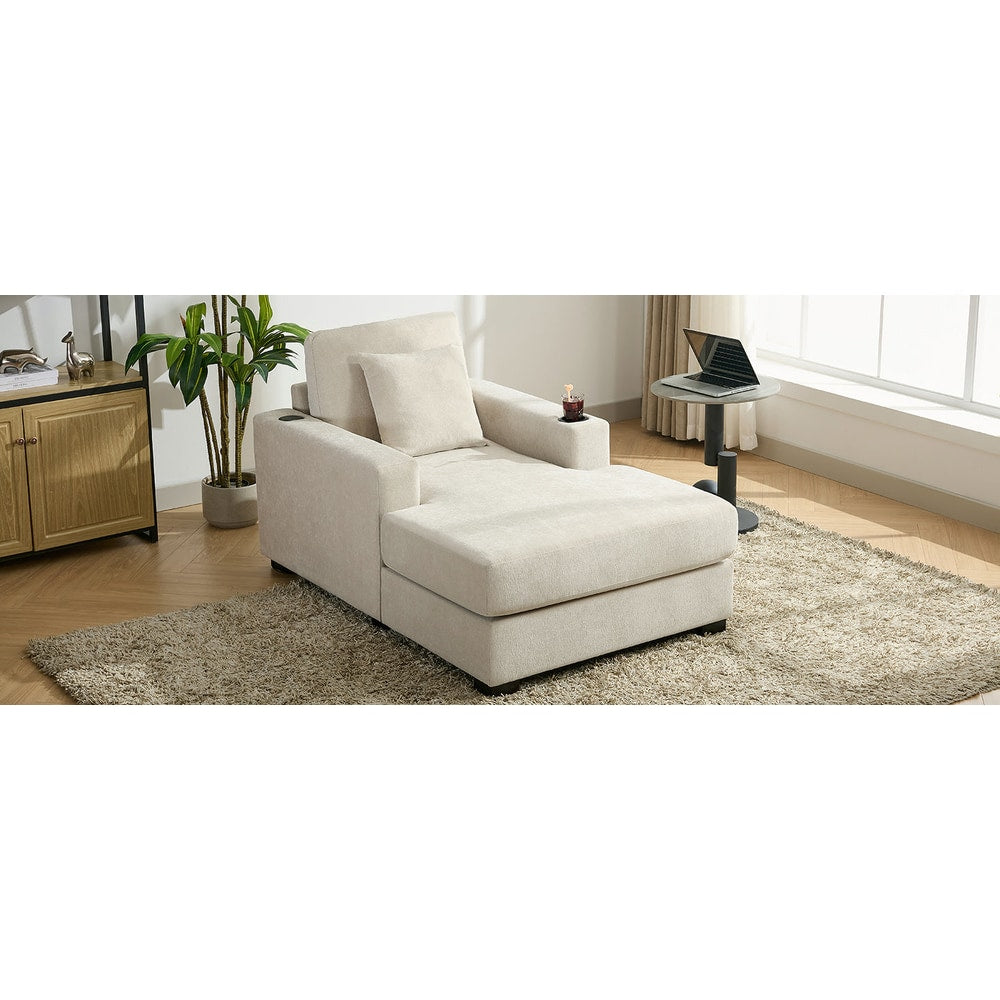 39.7" Oversized Chaise Lounger Modern Style Sofa Couch ,with Pillows, Charge Station & Cup Holders, Chenille Fabric, Cream