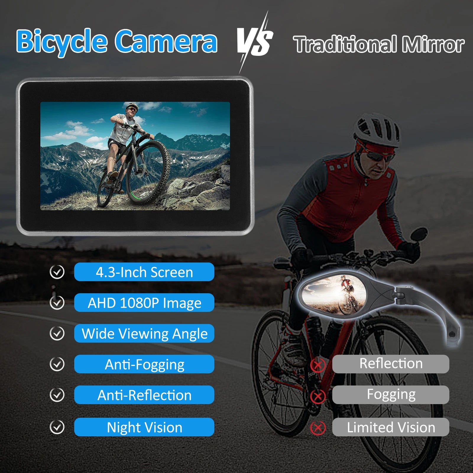 Handlebar Bike Mirror, Bicycle Rear View Camera with 4.3'' Screen Night Vision Function 150° Wide Angle View Adjustable Bracket