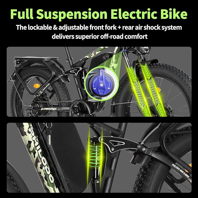 PHILODO Forester Electric Bike, 60V 26Ah Bike Battery for Long Range