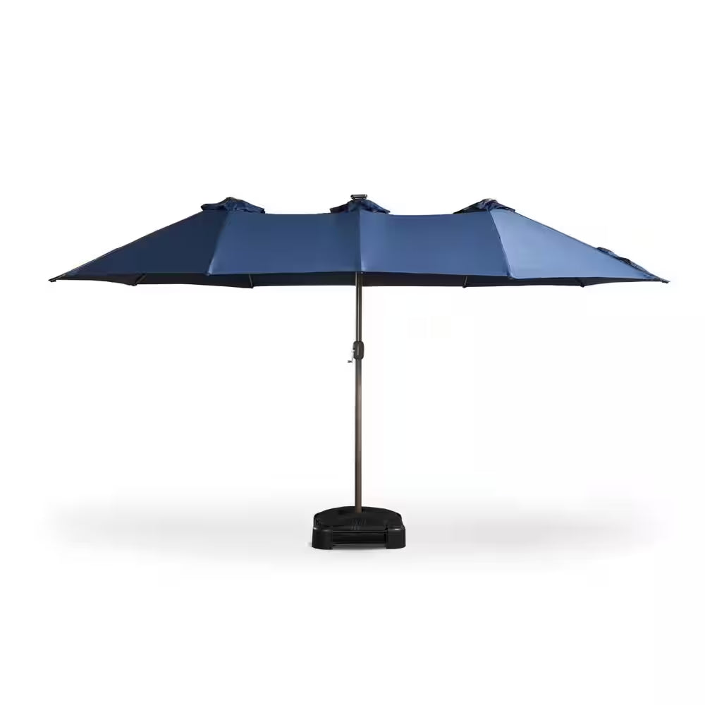 MISO Double Top 14.5 Ft. Steel Cantilever Outdoor Patio Umbrella with Base and Solar LED in Navy Blue