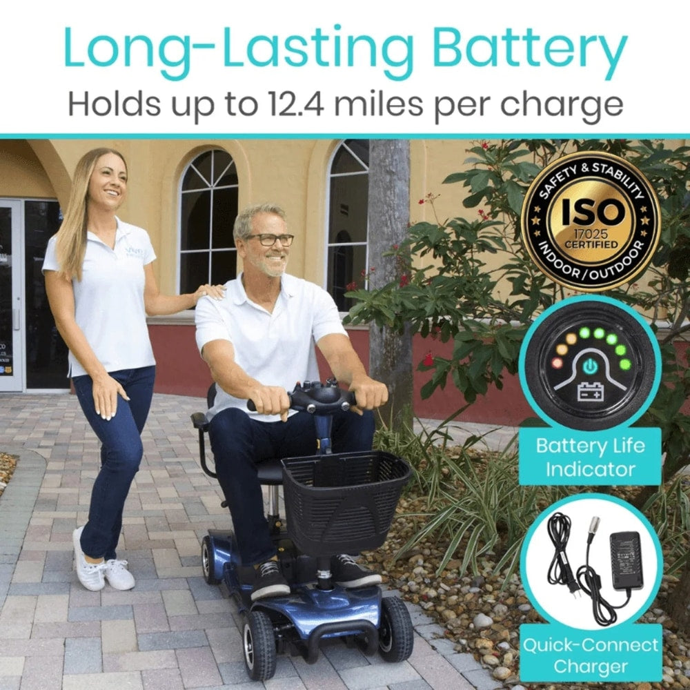 4 Wheel Battery Powered Mobility Scooter - Electric Transport Chair- Compact Heavy Duty Mobile for Travel, Adults, Elderly with Basket and Charger Included, Red