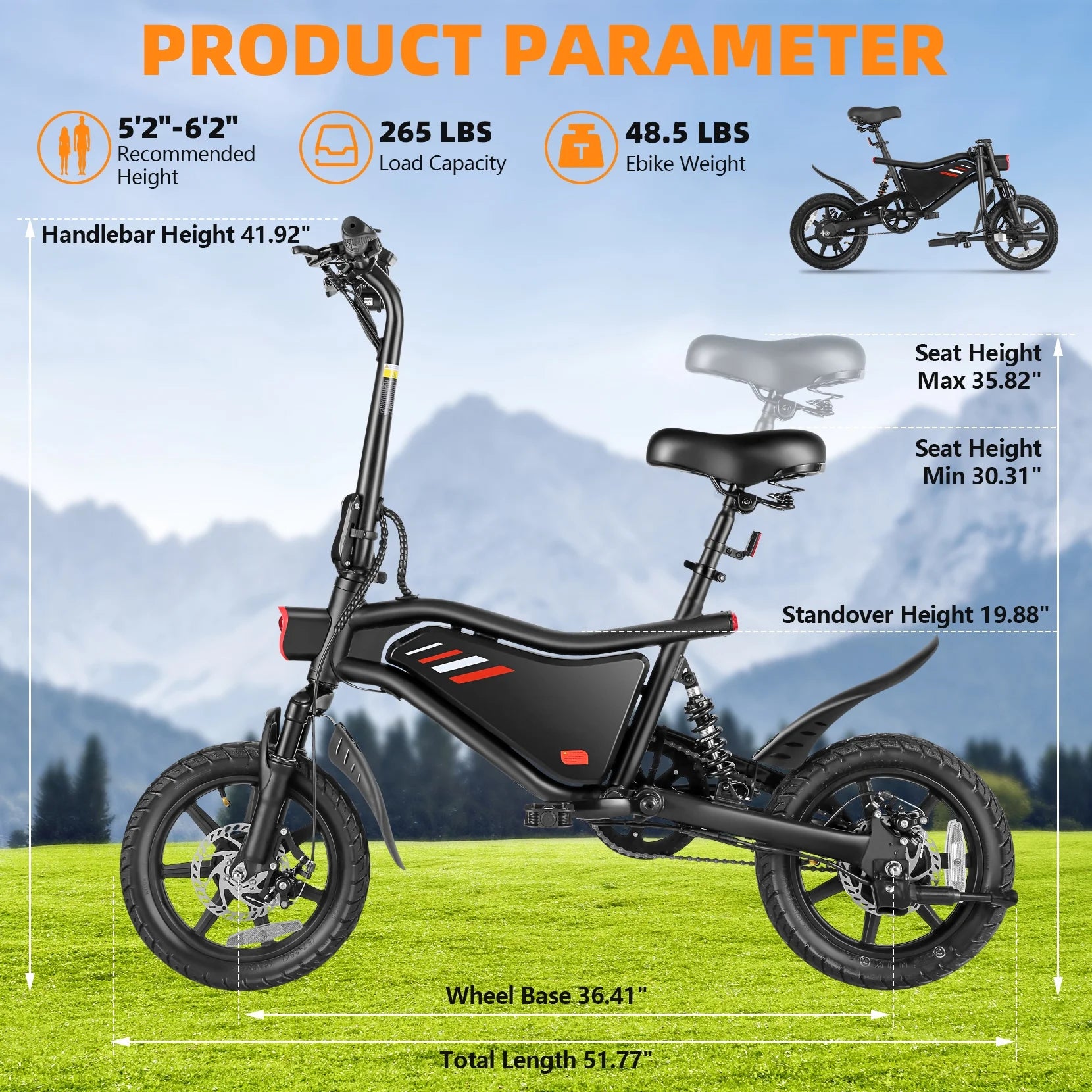 350W Foldable Electric Bike for Adults, 14" Small E-Bike, LCD, Full Suspension, 48V 7.8Ah Electric Cycle for Adult UL 2849