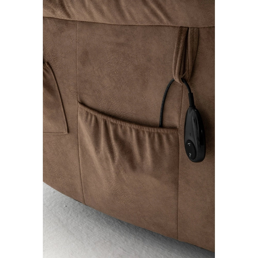 Close-up of brown recliner chair with side pocket and attached remote control