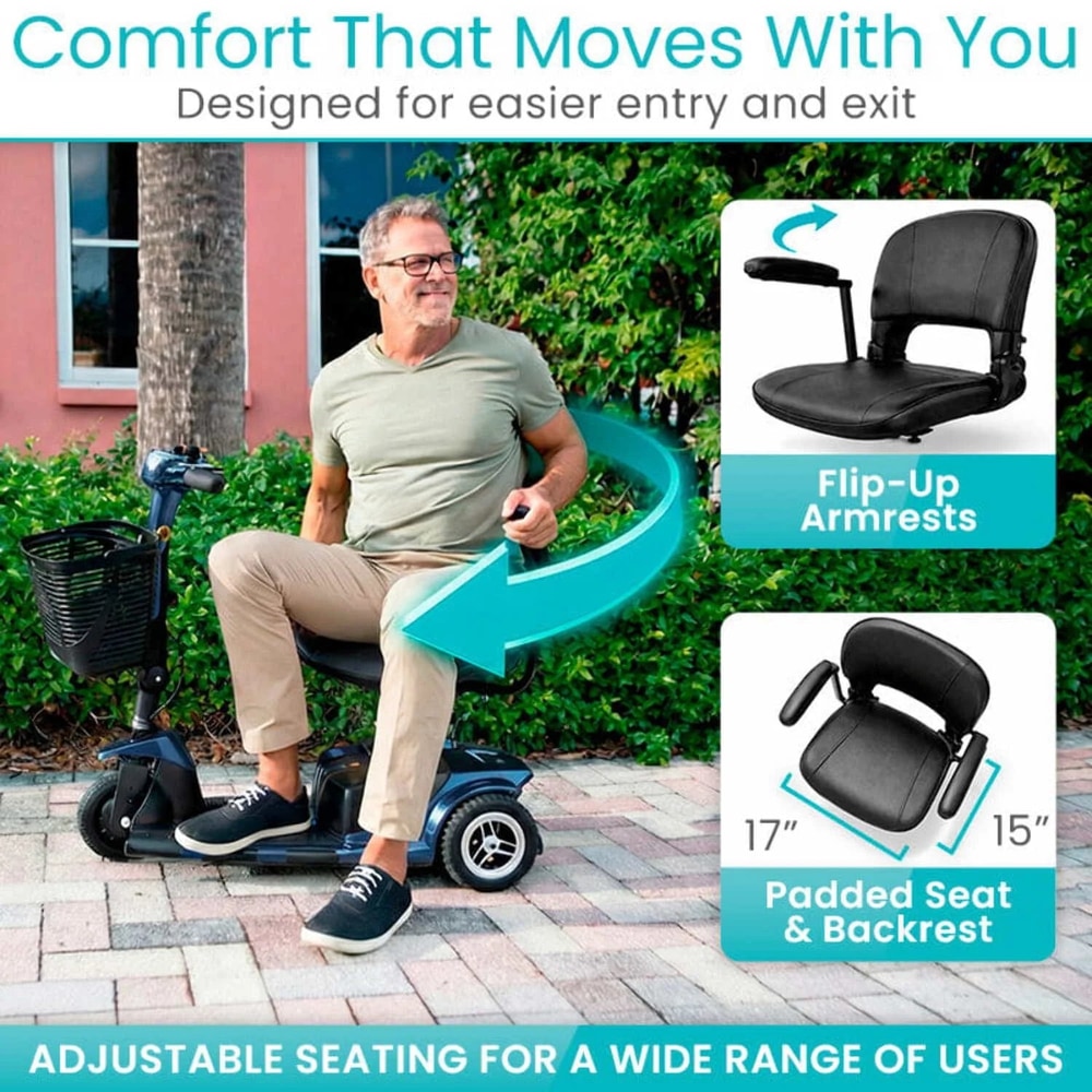 Vive 3-Wheel Mobility Scooter – Lightweight Electric Scooter for Seniors & Adults, Compact Folding Travel Design with Extended Battery, Charger & Basket, Red