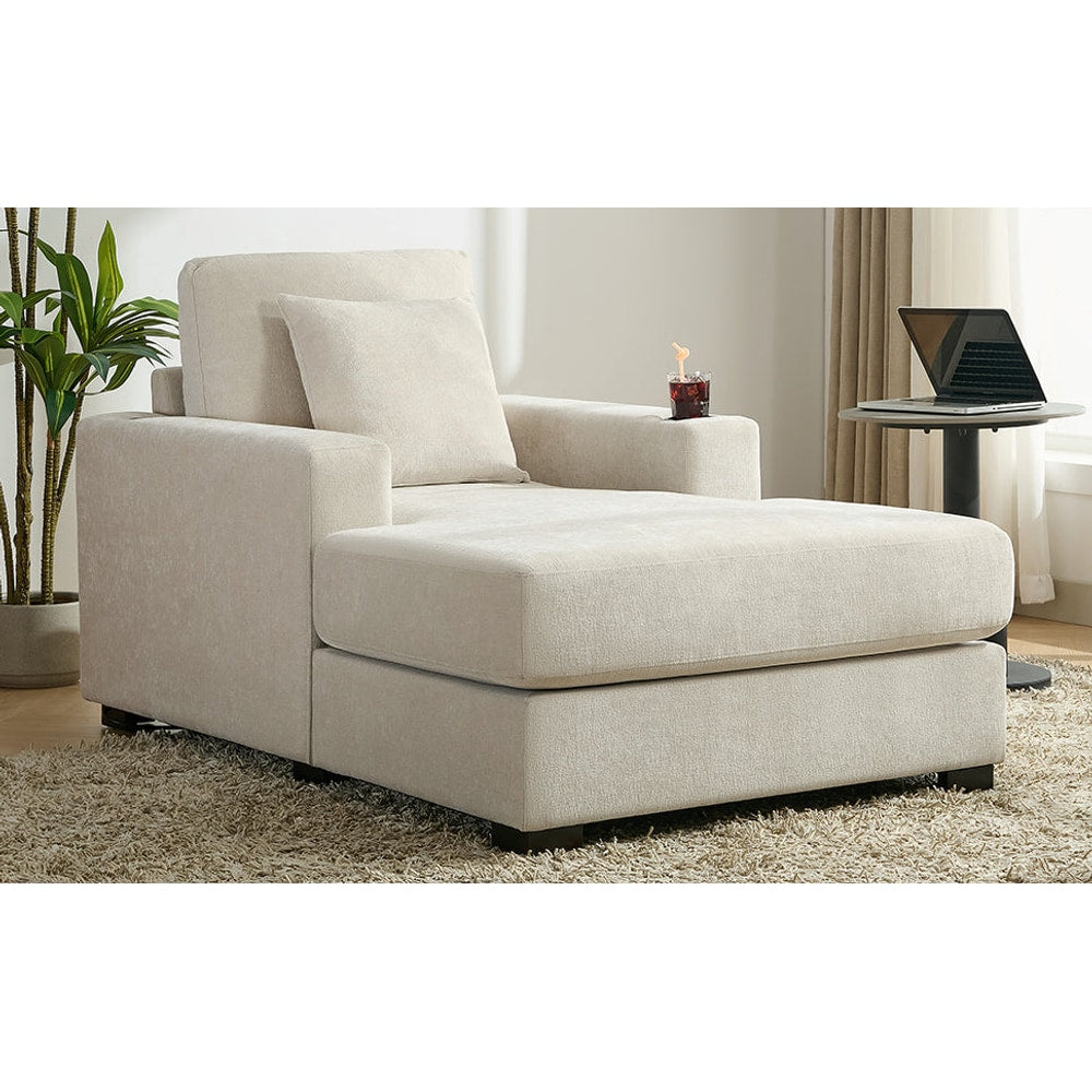 39.7" Oversized Chaise Lounger Modern Style Sofa Couch ,with Pillows, Charge Station & Cup Holders, Chenille Fabric, Cream