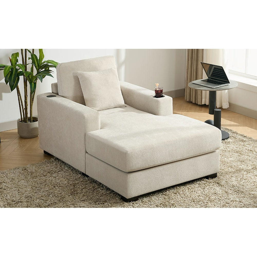 39.7" Oversized Chaise Lounger Modern Style Sofa Couch ,with Pillows, Charge Station & Cup Holders, Chenille Fabric, Cream