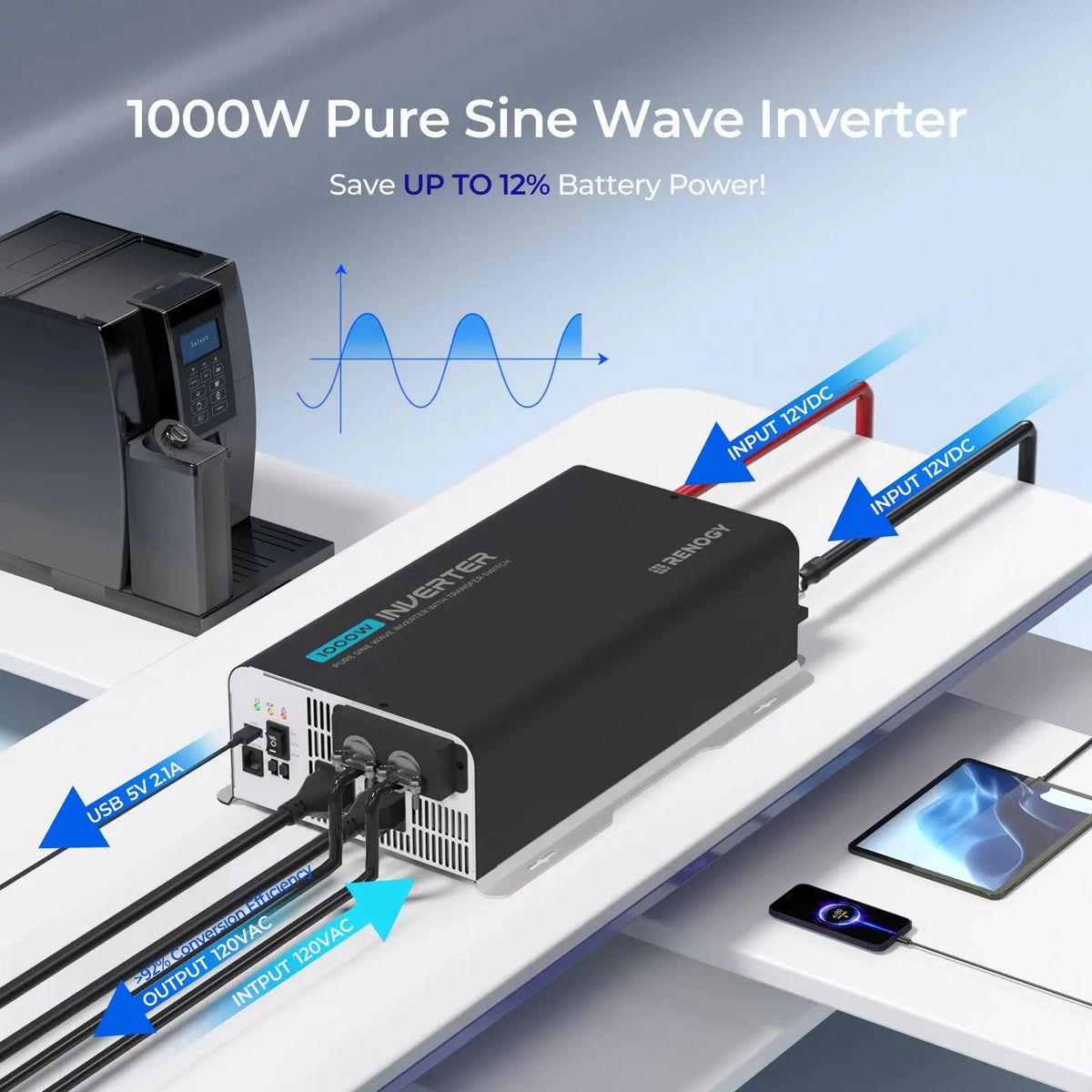 Renogy 1000W 12V Pure Sine Wave Inverter with UPS - view 8