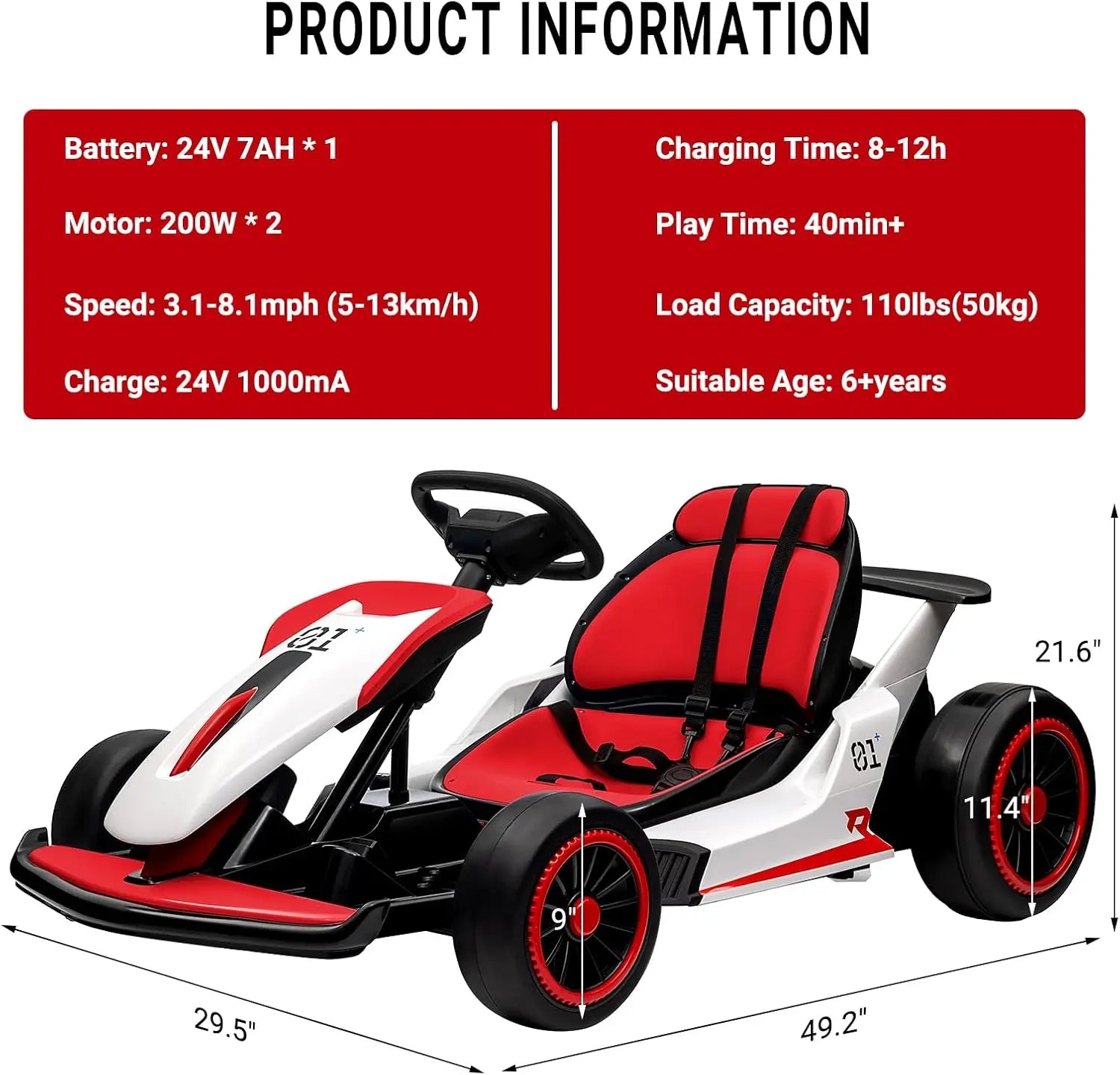 24V Electric Drift Go Kart for Kids with 200W Dual Motor,Music, Horn,8.1MPH High Speed,Ride On Racing Toy for Teens, Boys Girls