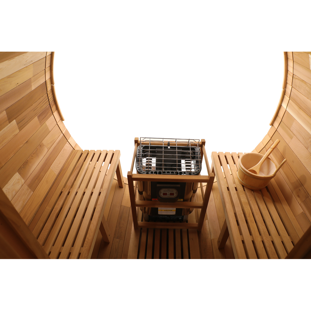 Blisspod, Prague, Canadian Red Cedar Outdoor Steam Barell Sauna, 2-4 / 4-6 persons with Full Glass Back & 2 front Porch seats