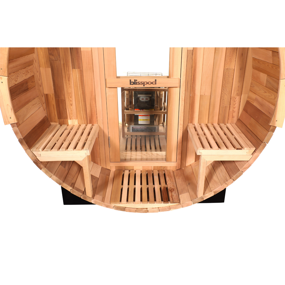 Blisspod, Prague, Canadian Red Cedar Outdoor Steam Barell Sauna, 2-4 / 4-6 persons with Full Glass Back & 2 front Porch seats