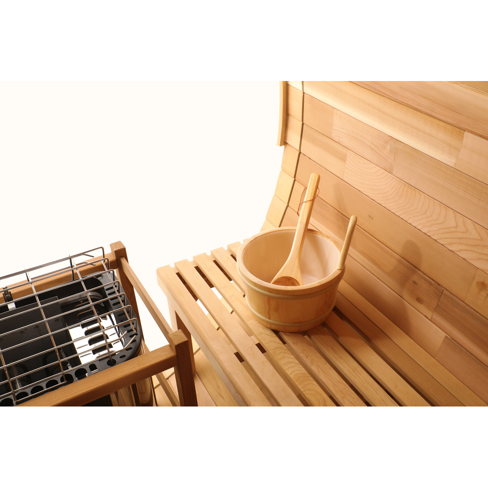 Blisspod, Prague, Canadian Red Cedar Outdoor Steam Barell Sauna, 2-4 / 4-6 persons with Full Glass Back & 2 front Porch seats