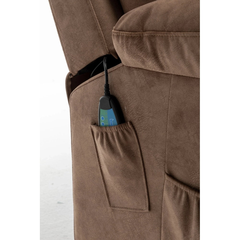 Remote control in side pocket of brown recliner chair, tech home furniture detail