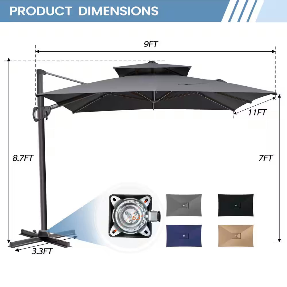 11 Ft. X 9 Ft. Cantilever Patio Umbrella with Cross Stand Tiltable Double Top Outdoor Shade Umbrella in Dark Gray