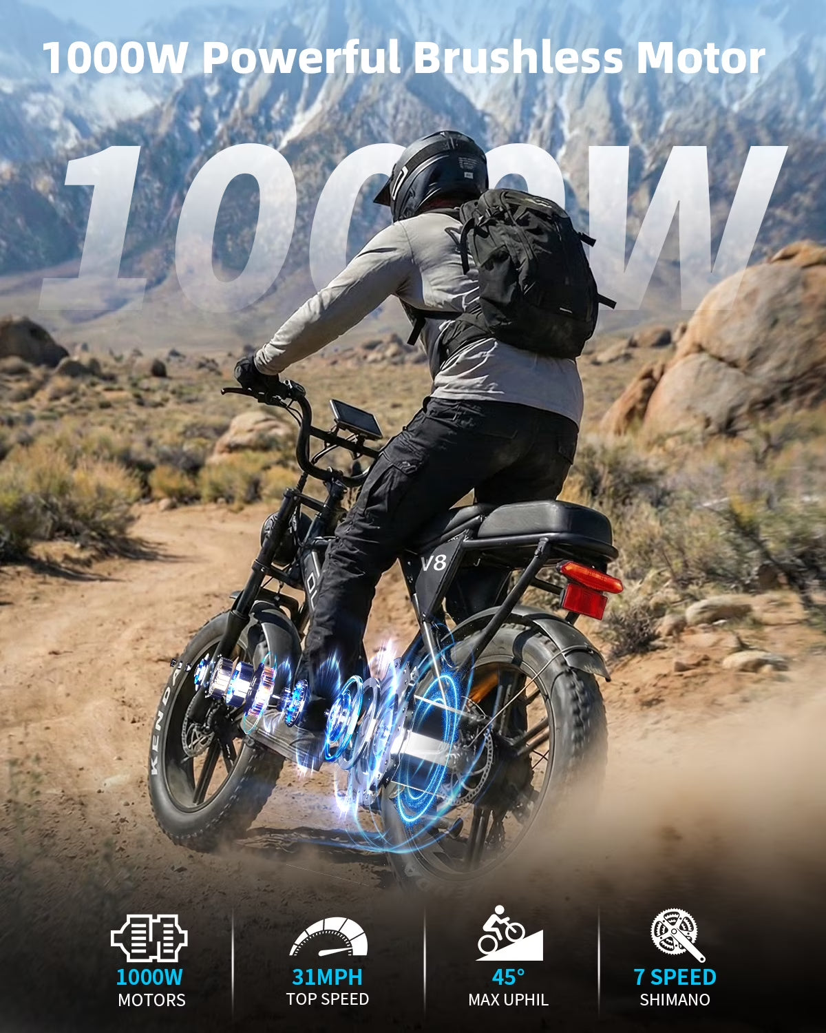V8 Electric Bike for Adults, 20" Fat Tire Electric Mountain Bike Peak 750W, 48V 15Ah Battery, UL2849