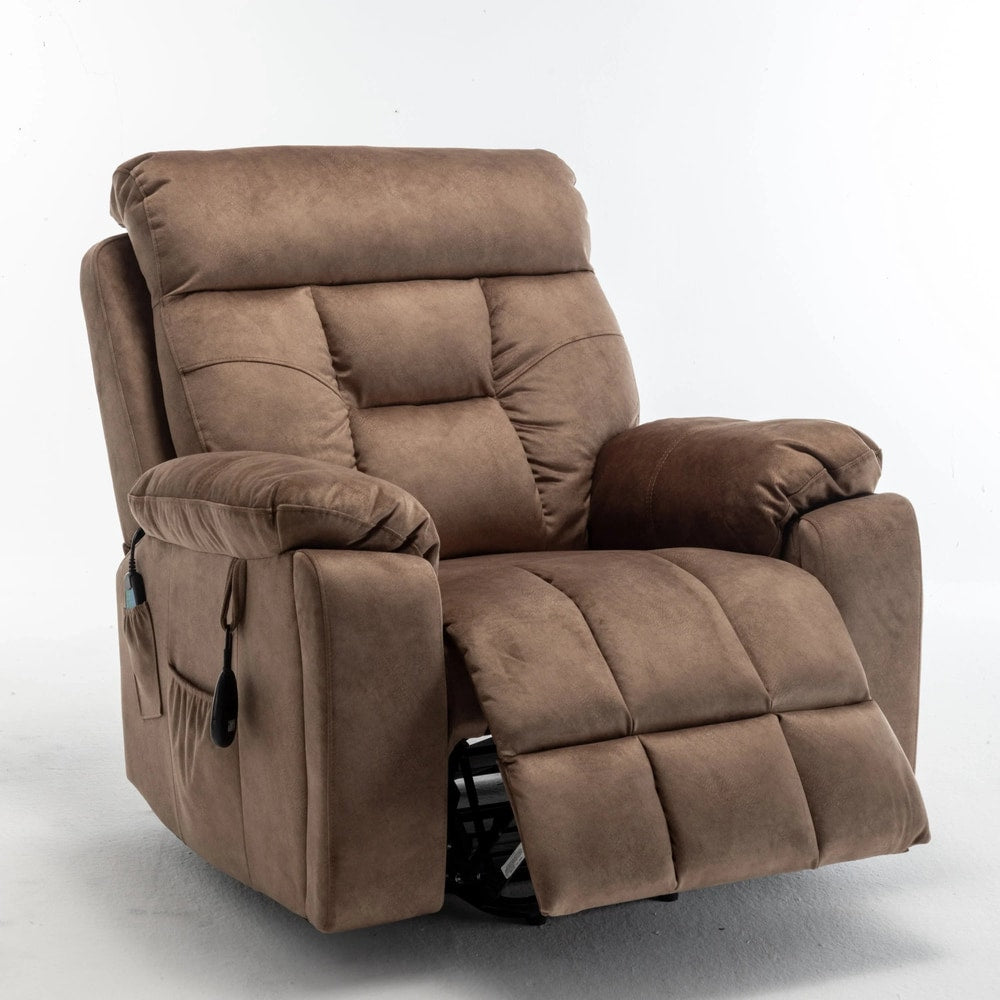Brown plush power recliner chair with remote and pocket on white background