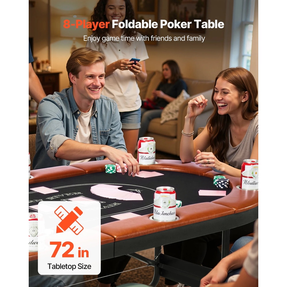 Foldable Poker Table, 8 Player 72 in Folding Casino Leisure Table with Padded Rails and Cup Holders, Oval Portable Game Tables with Felt & Metal Legs, for Texas Holdeem Game and Blackjack