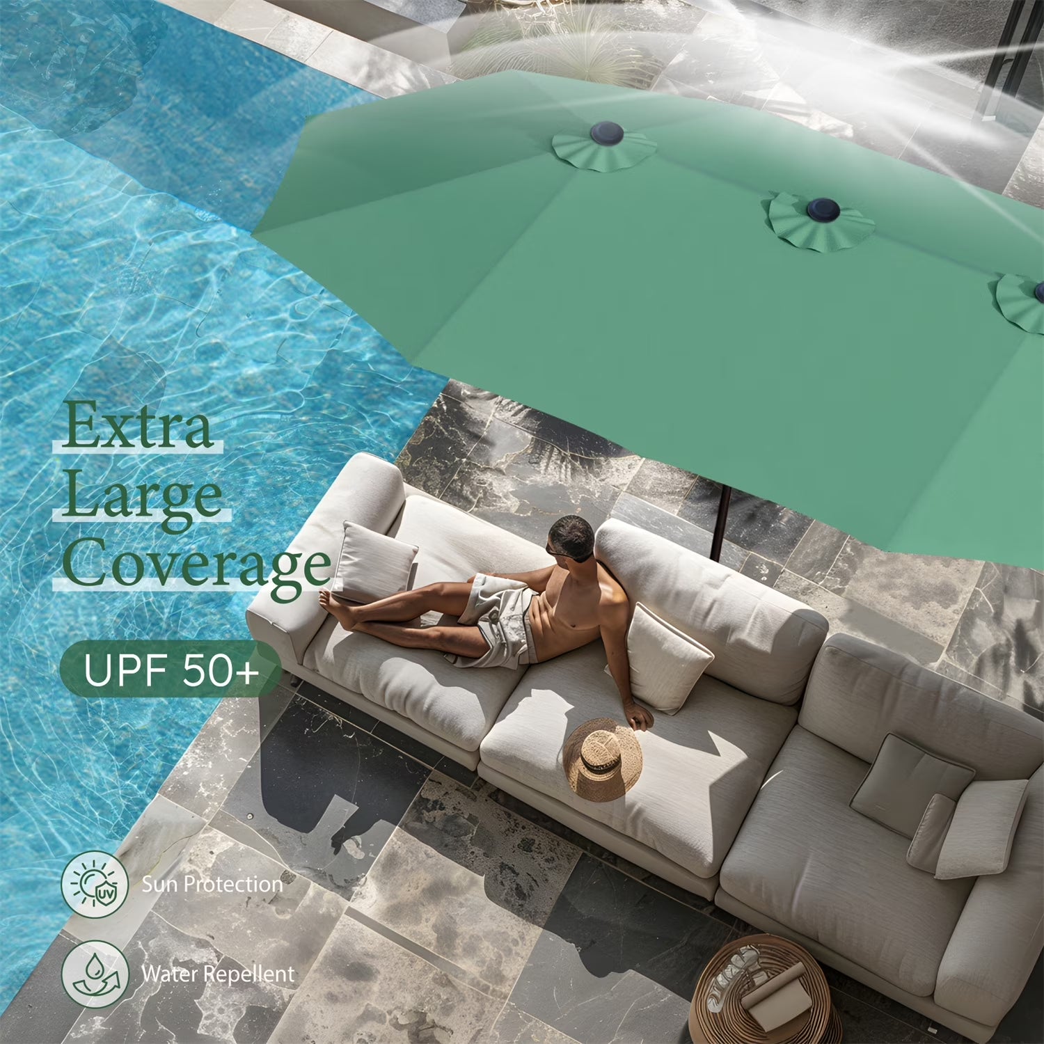 15 Ft Large Patio Umbrella with Base (Included) Double-Sided Rectangular Outdoor Deck Umbrella for outside - Mint Green