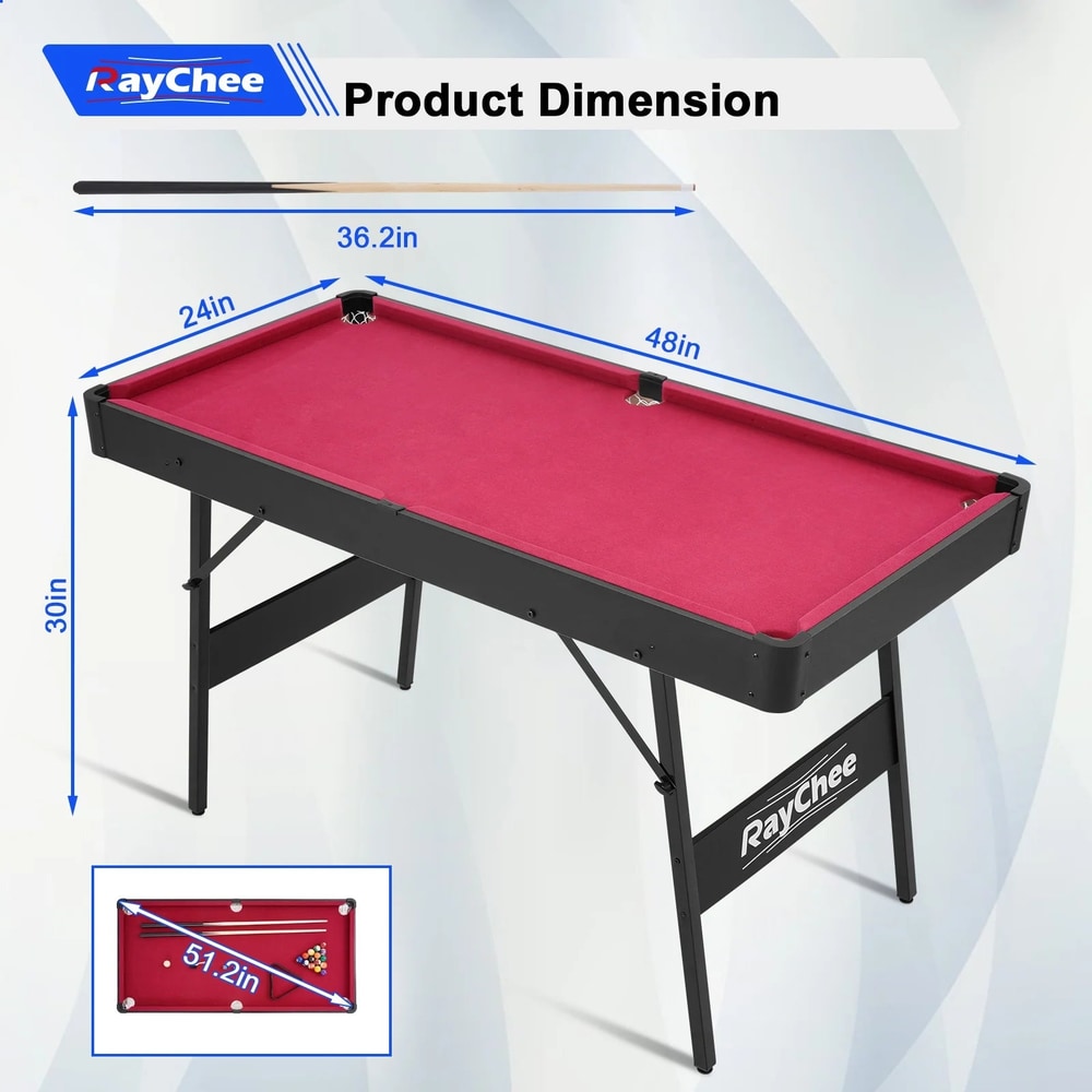 e 48In Pool Billiard Game Table W/2 Cue Sticks, 16 Balls, Triangle, Chalk Foldable Pool Table for Kids Family (Red)