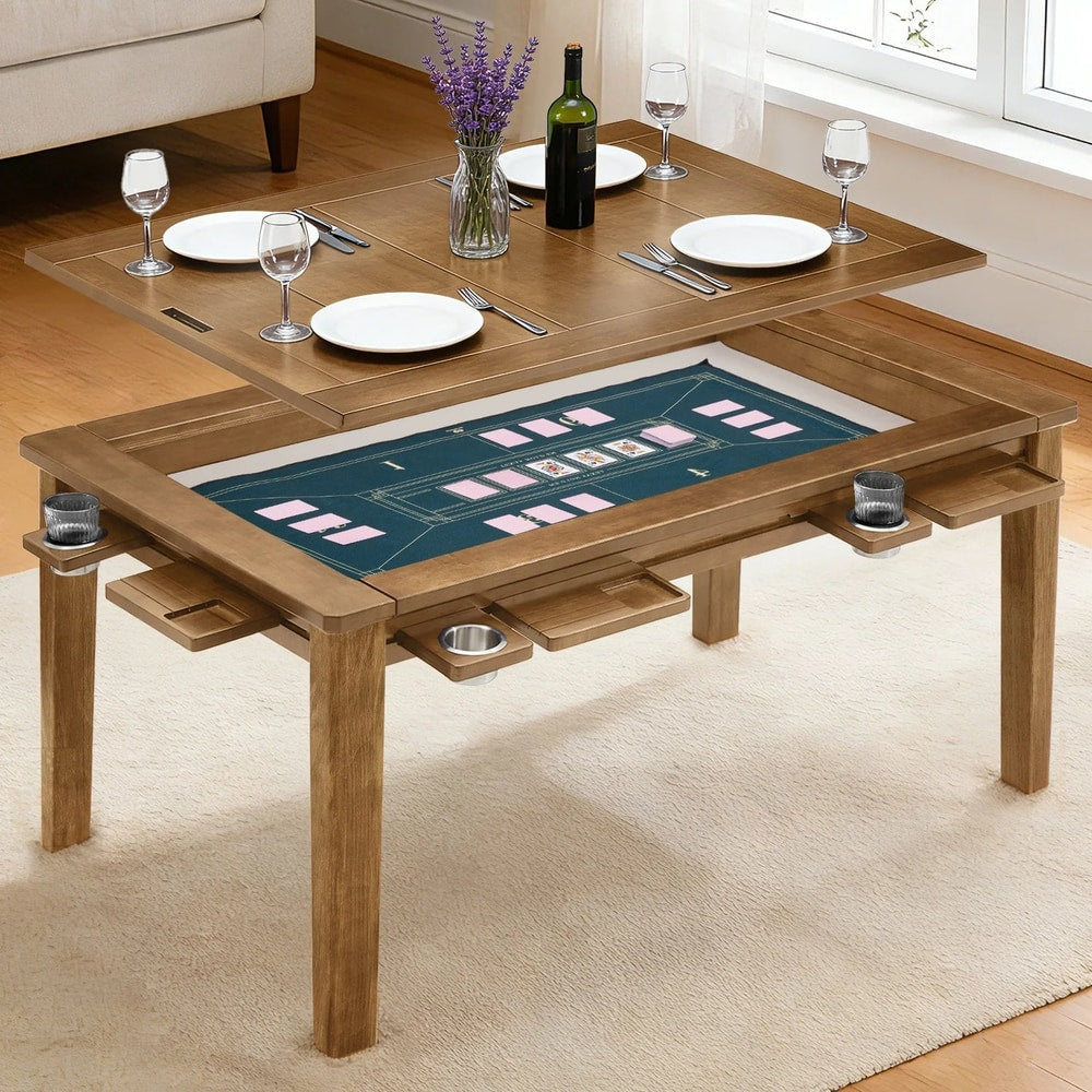 Solid Wood Board Game Table for 4–6 with Removable Top, 54" X 31" Gaming Surface, Game Mat, 6 Cup Holders & Hobby Tray – Convertible Gaming and Dining Table for D&D , Card Game and Puzzle