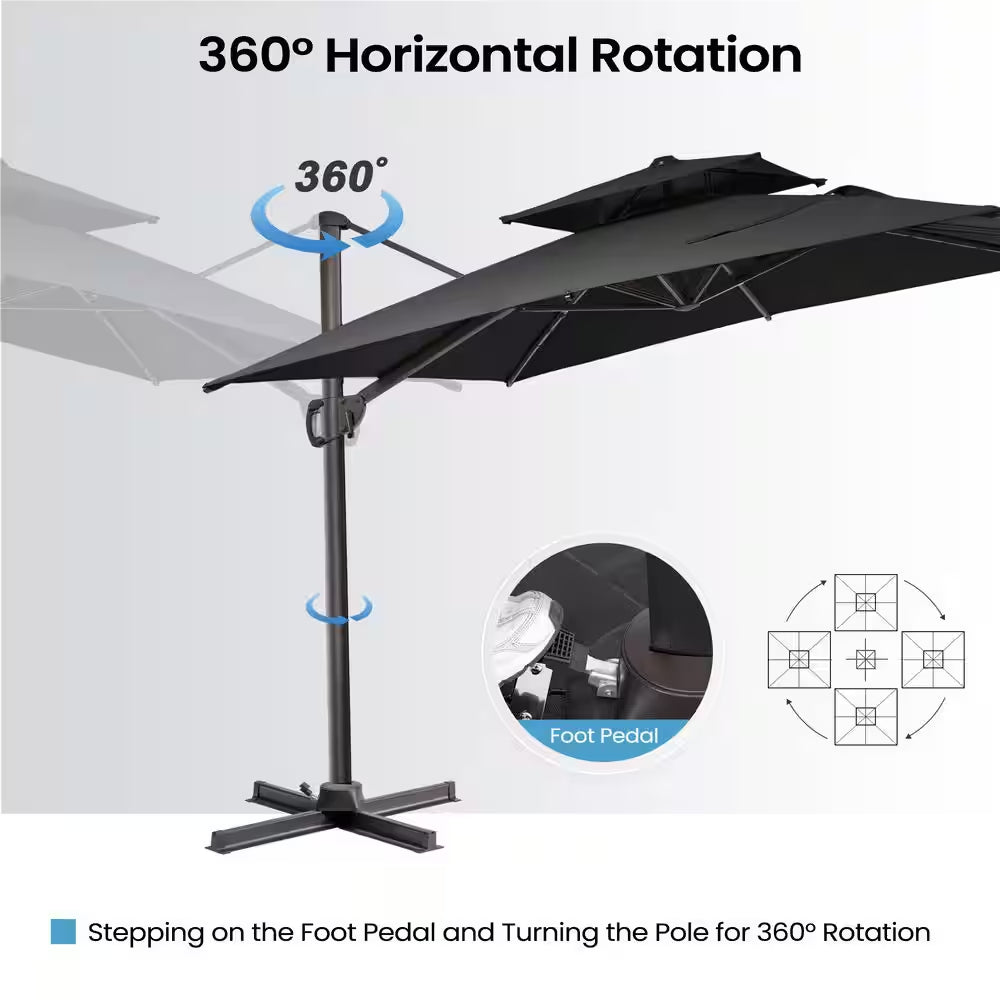 11 Ft. X 9 Ft. Aluminum Patio Cantilever Umbrella in Black Double Top Outdoor Offset Umbrella with 320 Lbs. Wheeled Base